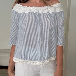 Aerie White and Blue Off-Shoulder Blouse